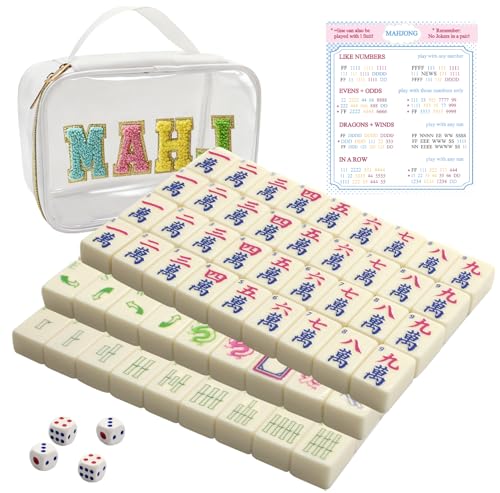 Mini Mahjong Set,American Mahjong Game Set,Complete Mahjong Tile Set with 166 White Tiles (0.8’’),4 Tile rulers,4 dice,1 Bag,5 Instruction Manuals,Perfect Mahjong Game Gift for Enthusiasts