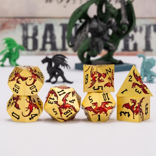 Metal DND Dragon Dice Set,D&D Polyhedral Dice with Dragon for Dungeons and Dragons RPG TTRPG D and D 7-Die Set with Gift Case - color: Dragon-pearl Gold Transparent Red