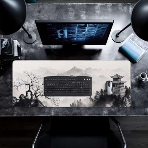 Pagoda Mouse Pad Abstract Cherry Blossom Watercolor Mouse Pad 31.5x11.8 Inch Texture Non-Slip Rubber Base Large Mousepad Stitched Edges Keyboard Mouse Mat Desk Pad for Office - color: Pagoda