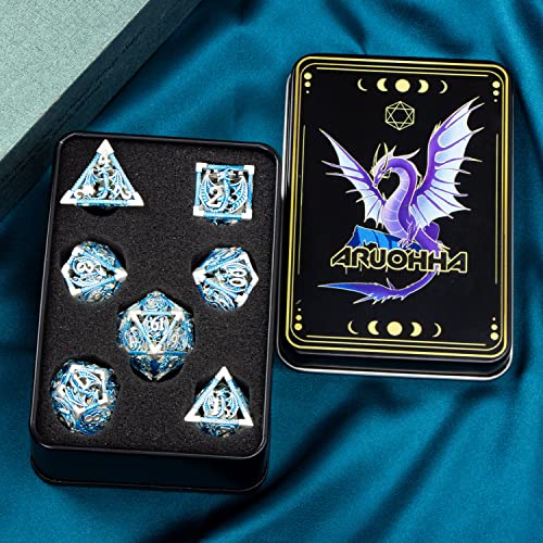 ARUOHHA Hollow DND Metal Dice Set Blue Dragons D and D Dice, RPG Role Playing Games Dungeons Polyhedral Dice with Gift Box D20 D12 D10 D8 D6 D4 - color: Silver Blue