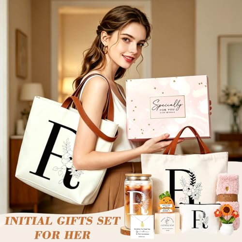DHQH Birthday Gifts for Women, Monogrammed Gifts Box Included 16 oz Initial Glass Drinking Cup,Canvas Tote Bag,Personalized Iced Coffee Tumbler Gift for Women Her Mom Teacher Friends Sister,R - color: letter-cup-r