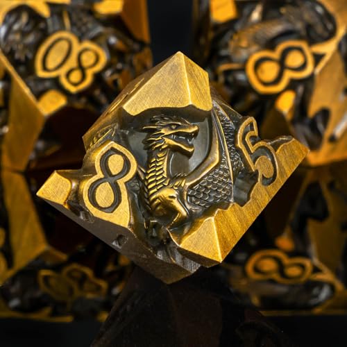 Roycevon Relief Dragon DND Dice Set for Role Playing Game, 7Pcs Metal D&D Dice Set Dungeons Dragons with Gift Box, Polyhedral D and D Dice D20 D12 D10 D8 D6 D4, Gold - color: Gold