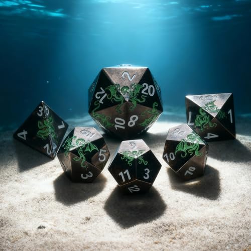 Octopus Metal RPG Dice Set,7-Piece,Inspired by Cthulhu Mythos,Abyss Green on Black,Heavy Zinc Alloy Dice for Fantasy RPGs & Collectors (Black Green) - color: Black Green