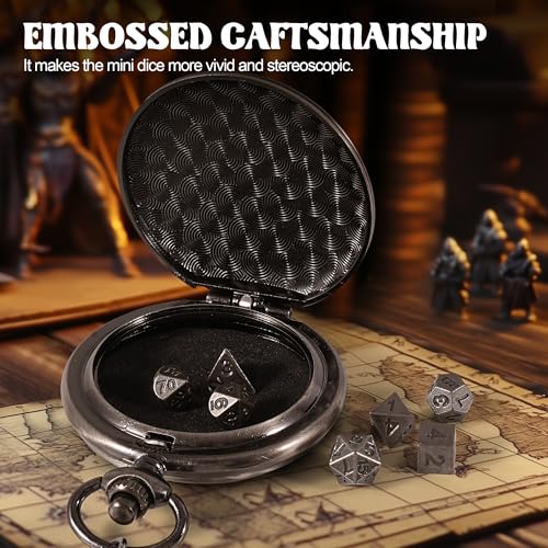 D&D Dice Set,7PCS Metal Dice for Dungeons and Dragons,Mini Dice Set with Pocket Watch Case,Role Playing Board Games Accessories (DM, Ancient Silver) - color: Ancient Silver, style: DM