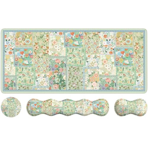 iLeadon Mouse Pad and Keyboard Wrist Rest, Large Computer Desk Mat Set | Mouse Pad Set with Wrist Pad for Keyboard, Cute Green Desk Pad Mat with Non Slip Base Office Home(Floral) - color: Green
