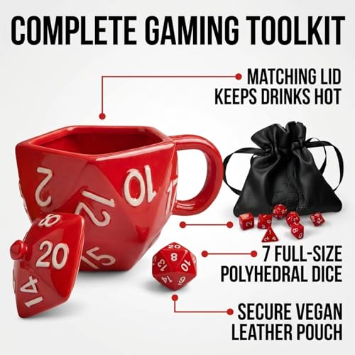 D20 Mug Gift Set by Generix Geek β 7 Red Polyhedral Dice, Ceramic Mug with Lid & Vegan Leather Pouch | DND Dungeons Dragons Tabletop RPG Gift