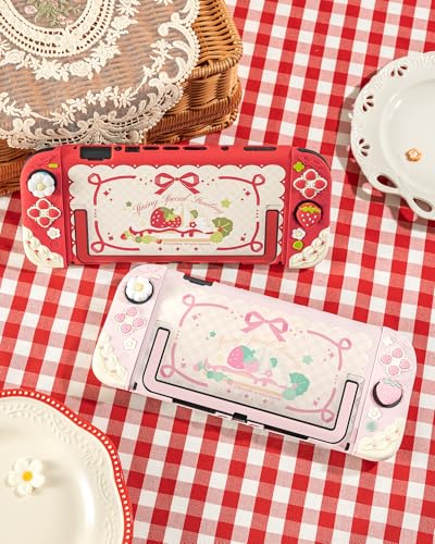 GeekShare Strawberries with Cream Case Compatible with Switch 2, Slim Separable Soft Silicone Protective Shell with 2 Thumb Grip Caps -- Pink - color: Pink Strawberries, size: For Switch 2