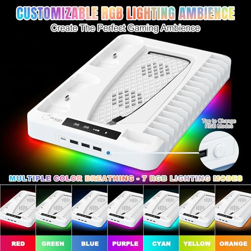PS5 Cooling Station for PS5/Slim/Pro Disc & Digital Console – Includes USB Port Extender & Ps5 Accessories – Ps5 Stand with Cooling Fan 3 Level Adjustable, Dual Controller Chargers and RGB Lights