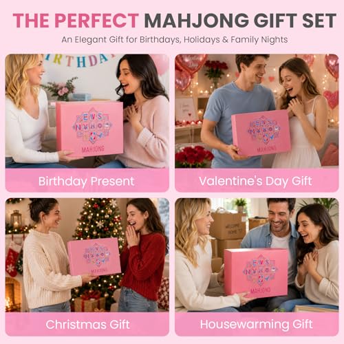 American Mahjong Tile Set - 166 Pink Engraved Melamine Tiles 1.2 Inch - Easy Read Numbered Set with Bag, Dice, Chips, Rulebook & Reference Cards