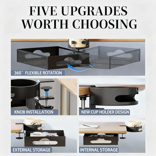 Clamp-On Under Desk Organizer with Cup Holder, 360° Rotating Mesh Drawer with Cable Hole, No-Drill Desk Drawer Organizer for Gaming Desk Accessories, Office Supplies, Coffee Mug, Dorm(2 in1)