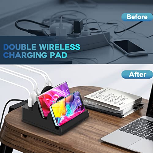 Wireless Charging Station with 6 USB Ports, 8 in 1 15W Dual Wireless Charger Station, 2 QC/2 PD USB Fast Charging Station, 80W Phone Charger for iPhone14/13/12/11/X/Samsung/Android/iWatch