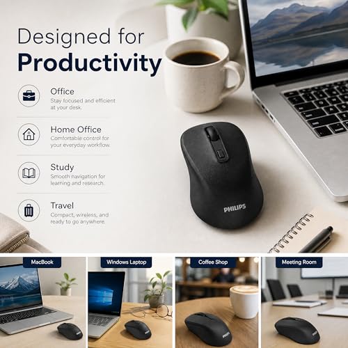 PHILIPS Bluetooth Wireless Mouse, Wireless Mouse for Laptop, Silent Click | Ergonomic Grip, 3-Level DPI, Bluetooth&2.4G Dual Mode, USB Nano Receiver, for Office, Home, Windows, macOS Compatible