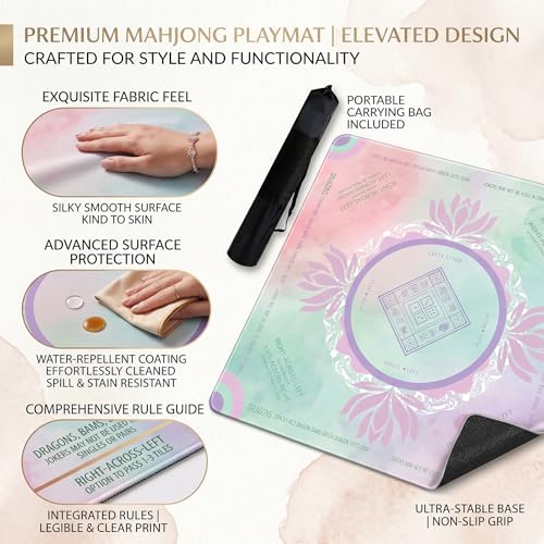 Mahjong Mat 2025 Upgraded No-Crease & No Odor Design, 32.3 Inch with Waterproof Velvet, Non-Slip PU Silicone, Lightweight for Noise Reduction, Includes Printed Rules for Tiles and Cards (Purple-Pink) - color: Purple-pink