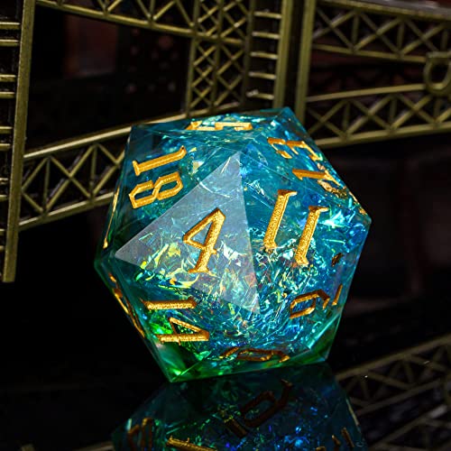 Cusdie Single D20 DND Dice with Sharp Edges and Glitter Foil Inclusions, 20 Sided D&D Dice, 33mm Handcrafted Polyhedral Dice, for Role Playing Game (Aqua) - color: Aqua Blue