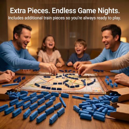 Replacement Train Pieces Compatible with Ticket to Ride (Blue) | Includes 45 standard train tokens, one marker and additional spare trains. - color: Blue
