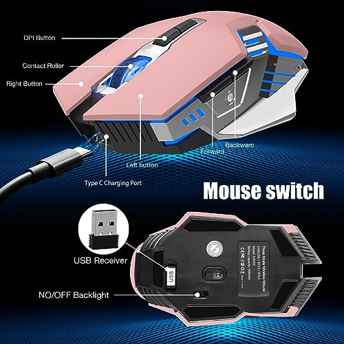 Bluetooth Wireless Gaming Mouse, RGB Rechargeable USB Wireless Mouse, Quiet Click, LED Backlit, Ergonomic, with Side Button, DPI Adjustable Computer Mice for Laptop PC MacBook Chromebook - Pink - color: pink