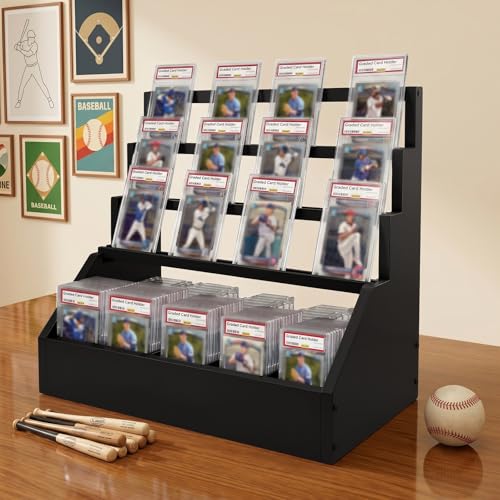 Trading Card Display Stand with 5-Row Storage,3-Tier Large Capacity Graded Card Display,Wooden Cards Display Stand for Soprts Cards Collection & Show