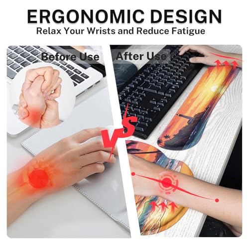 Britimes Beach Sunset Keyboard Mouse Pad Set Tropical Coastal 4in1 Large Mousepad+Keyboard Wrist Rest+Mouse Wrist Rest+Coaster Ergonomic Design for Home Office Computer 35.4x15.7 inches - color: Beach Sunset