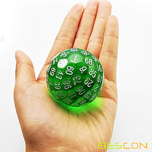 Bescon Translucent Green Polyhedral Dice 100 Sides, D100 dice, 100 Sided Cube, Transparent D100 Game Dice - color: Translucent Green D100
