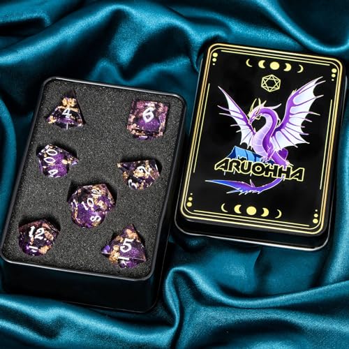 ARUOHHA Liquid Core DND Dice Set, 7pcs Resin Sharp Edged Dragons Dice RPG Role Playing Games, Silver Numbers Purple Dungeons Polyhedral Dice with Gift Box D20 D12 D10 D8 D6 D4 - color: Silver Purple