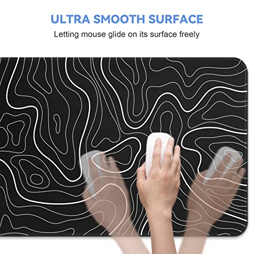 DIGSOM Gaming Mouse Pad, Black with White Topographic Line, 31.5x11.8in | XL Mouse mat, Smooth surface, Anti-slip rubber base, For keyboard and mouse, For home and office use - color: Black Topographic