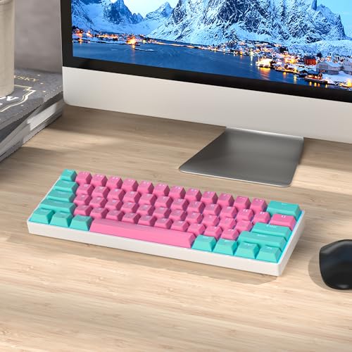 Portable 60% Mechanical Gaming Keyboard, 60 Percent Red Switch LED Backlit, 61 Keys Mini Pink USB Wired Office Keyboard for Windows Mac Laptop PC - color: 61 Miami/Red Switch