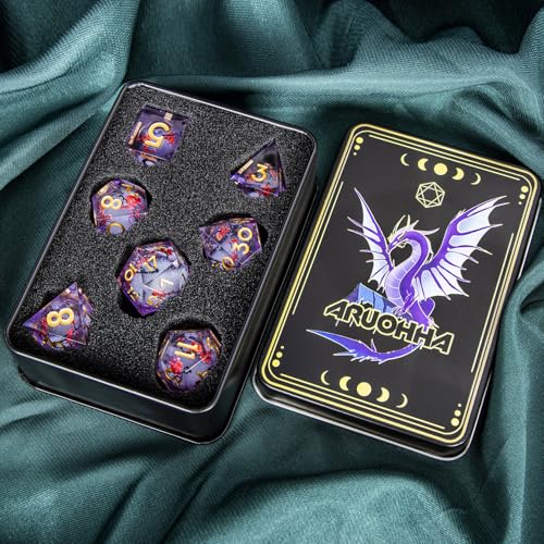 ARUOHHA DND Resin Dice Plum Blossom Liquid Core Golden Purple Sharp Edged Dragons Polyhedral Dice Set with Gift Box, Dungeons D and D Dice Set Role Playing Game D20 D12 D10 D8 D6 D4 - color: Flower&purple White-2