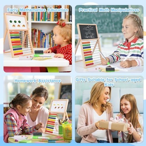 Wooden Abacus Math Games for Kids 5-7 Counting Toys with Double-Sided Board | Wood Abacus Educational Counting Math Manipulatives for 1st 2nd grade with Magnetic Number Cards 1-100
