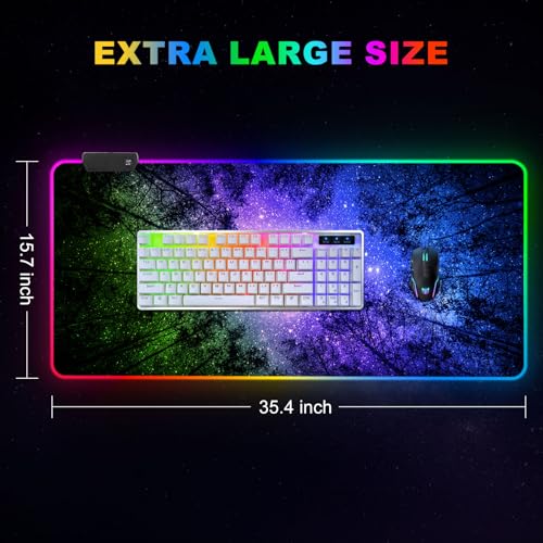 ARTSO Gaming Mouse Pad RGB Starry Sky, Forest Large Mousepad with Non-Slip Rubber Base, Cool XXL Computer Desk Pad, 35.4 x15.7In Big Gaming LED Light Up Mouse Pad for Gamer - color: Starry Sky Forest