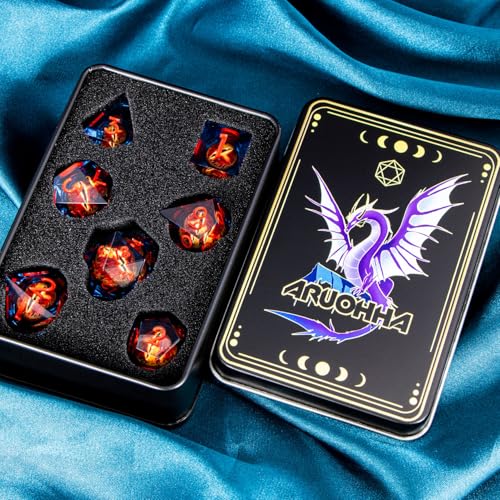 ARUOHHA DND Resin Dice Gazes Eye Dice Blue Red Liquid Core Flaming RPG Sharp Edged Dice Set with Gift Box, Polyhedral D and D Dice Set Compatible with Dungeons Dragons Role Playing Game D20 D6 - color: Sl01-blue Red