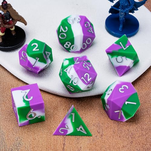 Silicone DND Dice, 7pcs Rubber Polyhedral D&D Dice Set, Sharp Edges Soft Perfect Bouncer for Dungeons and Dragons, RPG, MTG (D4, D6, D8, D10, D12, D20, D%) for Ages 15 and Up - color: Green White Purple