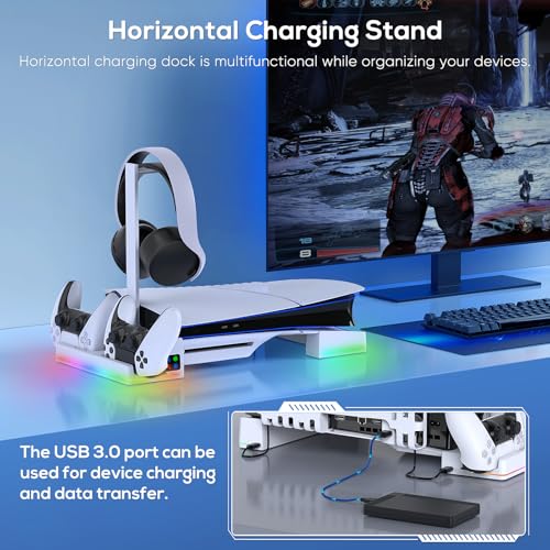 RGB Horizontal Cooling Station Stand for PS5 Slim/Pro Console | 2 Controller Charger, Auto Silent Cooling Fan, 14 Light Modes, Headset Holder, Disc & Digital Compatible
