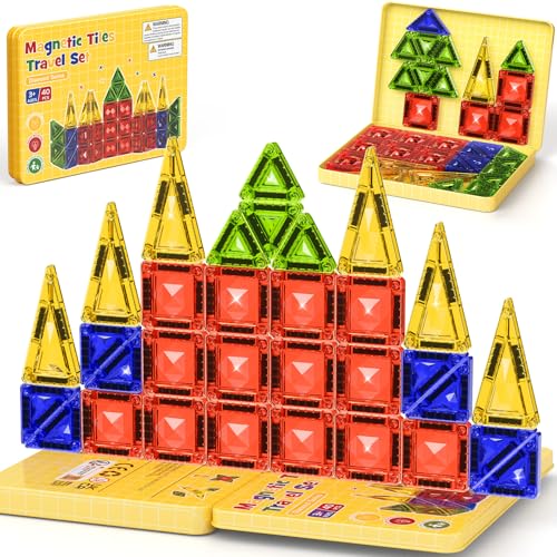 40PCS Magnetic Tiles Travel Storage Diamond Blocks 10% Thicker 3+ | Magnetic tiles with diamond texture & yellow box. Great for travel, car rides, Montessori play & on-the-go fun - size: 40 PCS