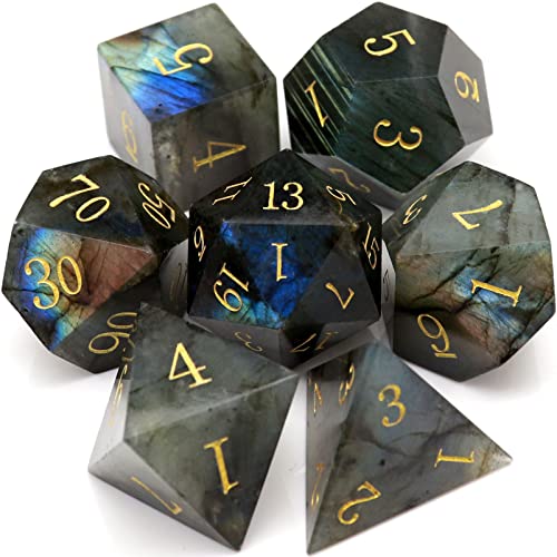 Haxtec Moonstone Dice Labradorite Gemstone Polyhedral DND Dice Set with Premium Dice Case Compatible with Dungeons and Dragons Role Playing Board Games D&D Gift - color: Black Blue Green