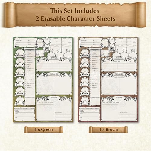 DND Character Sheets with Hand Drawn Artwork. Wet Erase Plastic Sheets Compatible with Dungeons and Dragons 5e & 2024 Player’s Handbook. Set of 2 (Green & Brown). - style: 2 pack