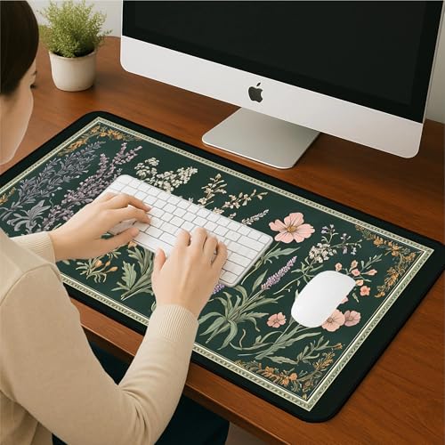 Deep Green Retro Desk Pad, Plant Flower Mouse Pad XXL, Large Gaming Mouse Mat, Laptop Pad, Desktop Protective Pad, Computer Mats with Stitched Edges, Women Office Desk Accessory 31.5"X15.7" - color: Green Lavender