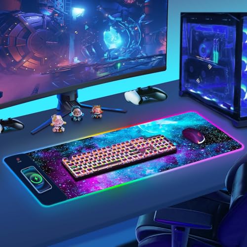 ToLuLu Wireless Charging RGB Gaming Mouse Pad,15W LED 30W Charger Mouse Mat | 14 Light Modes Large Mousepad with Wrist Support, Non-Slip Rubber Base Desk Mat Computer Keyboard Pad, Galaxy Nebula - color: Galaxy Nebula Space