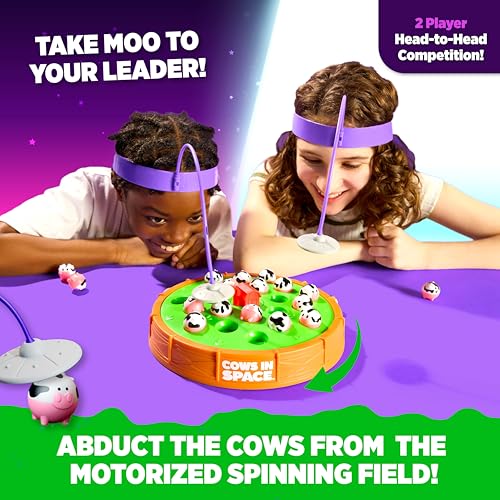 Cows in Space By Relatable - 2026 Toy of The Year Finalist, The Kid-Friendly Extraterrestrial Fun 2 Player Games - Includes 2 UFO Headbands, 1 Electronic Spinning Base, 21 Cows, and Instructions