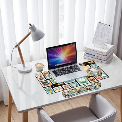 Retro Stamps Desk Mat Set Colorful Collage Large Mouse Pad with Wrist Rest 4in1 Desk Mat for Desktop Ergonomic Keyboard Wrist Support Anti-Slip Computer Ergonomic Mouse Pad Home Office Gaming - color: Retro Stamps