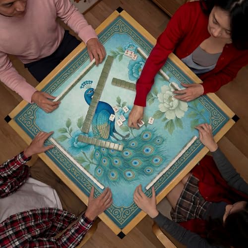 Foilswirl 1 Pcs Mahjong Table Mat Floral Peacock, Green Chinoiserie Peacock Mahjong Mat Non-Slip Noise Reduction Carrying Bag for Poker Board Card Games Dominoes, Ships Rolled(33" x 33") - style: Classic