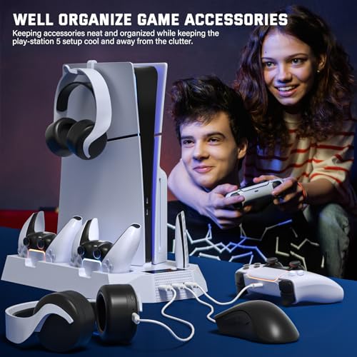 PS5 Slim Cooling Station with Controller Charging Station for PlayStation 5 Console Slim&Standard Disc/Digital, PS5 Cooling Stand Accessories with Cooler Fan/3 USB Hubs/Media&Headset Holder/Screw - color: Fit 2023 PS5 Slim+2020 PS5