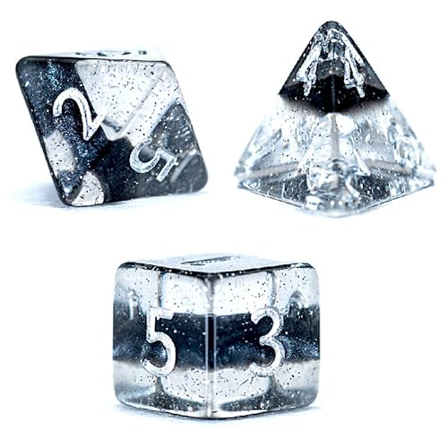 Gate Keeper Games & Dice: Mighty Tiny Dice: Dragon Eggs - 7 pc - RPG Dice Set, 3-Layer Neutron Style, Clear-Silver Glitter-Black, 12mm Resin Dice