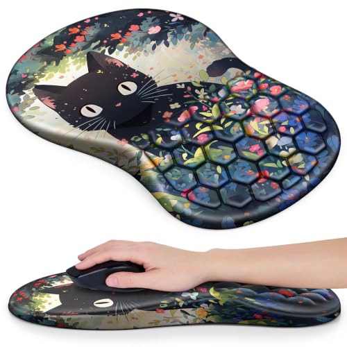 Mouse Pad with Wrist Rest, Canjoy Ergonomic Wrist Support with Massage | Ergonomic Massage Design & Relax and Relieve Fatigue & Non-Slip & PU Base, Comfortable Computer Mousepad for Office Home - color: Black Cat