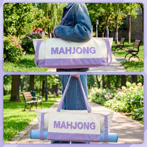 Abbylike 28x9 Inches Mahjong Bag for Rolled Mat Tiles Racks Pushers Accessories Empty Mahjong Tote Bag with Zipper Closure Outer Pockets Lining Large Capacity(Beige&Purple,Canvas) - color: Beige&purple