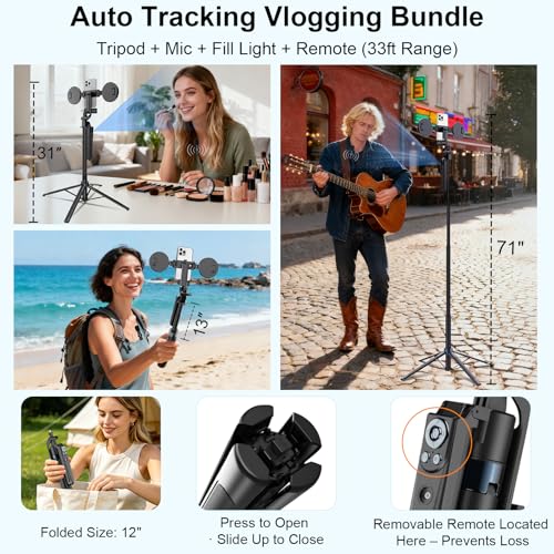 Tripod for iPhone Vlogging Kit with Mic, Content Creator Essentials | 71" Auto face tracking phone stand with light, Microphone and remote. Made for YouTube, TikTok, live streaming