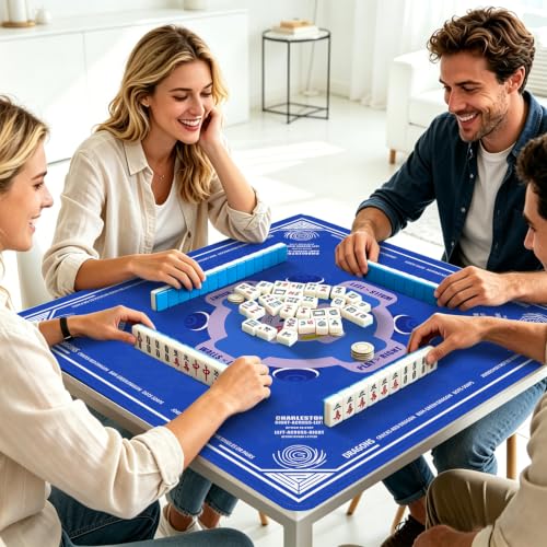 Blue Mahjong Mat for Table with Rules, 31.5" x 31.5" Noise Reduction Non Slip Waterproof Mah Jong Table Mat with Carrying Bag, Suitable for Mahjong, Poker, Board Games, Dominoes, and Card Games - color: Blue-a