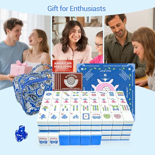 American Mahjong Tile Set, 166 Tiles (1.2”), Cute Mini Mahjong Tiles- Blue | Mahjong Tile Set with Carrying Bag, Dice, Mat, Portable Travel Complete Game Set for Home Outdoor Enthusiast Gift - color: Blue