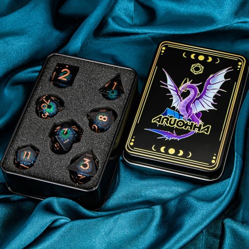 ARUOHHA DND Dragons Eye Dice Liquid Core Blue Green Resin Sharp Edged Dice Set with Gift Box, Compatible with D&D Role Playing Game, Dungeons Polyhedral D and D Dice D20 D12 D10 D8 D6 D4 - color: Yy03-blue Green