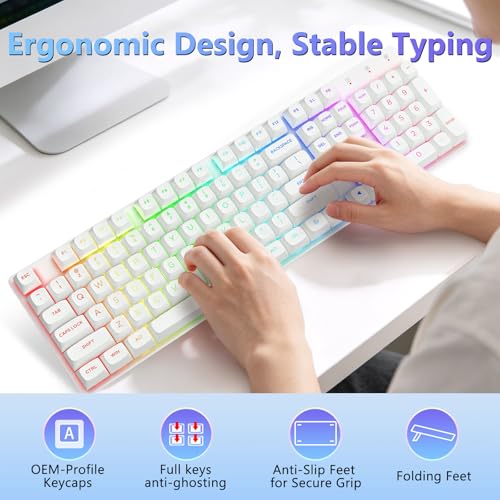 Redragon K710 Wireless Mechanical Gaming Keyboard, Bluetooth/2.4G/Wired Tri-Mode, RGB Backlit, Clicky Blue Switch, Rechargeable Battery, Solid Metal Panel, PBT Keycaps for PC/Mac, White