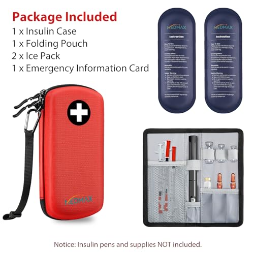MEDMAX Hard Shell Insulin Cooler Travel Case with 2 Ice Pack, Shock Absorption Insulated Diabetic Medication Organizer Carrying Bag with Extra Pouch for Insulin Pen and Other Diabetic Supplies, Red - color: Red